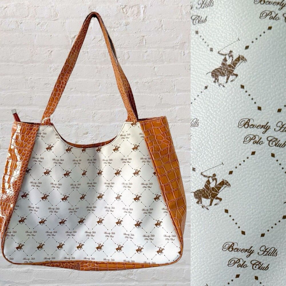 Beverly Hills Polo Club Y2K Tote Bag Logo Monogram White Tan Croc Shoulder Purse